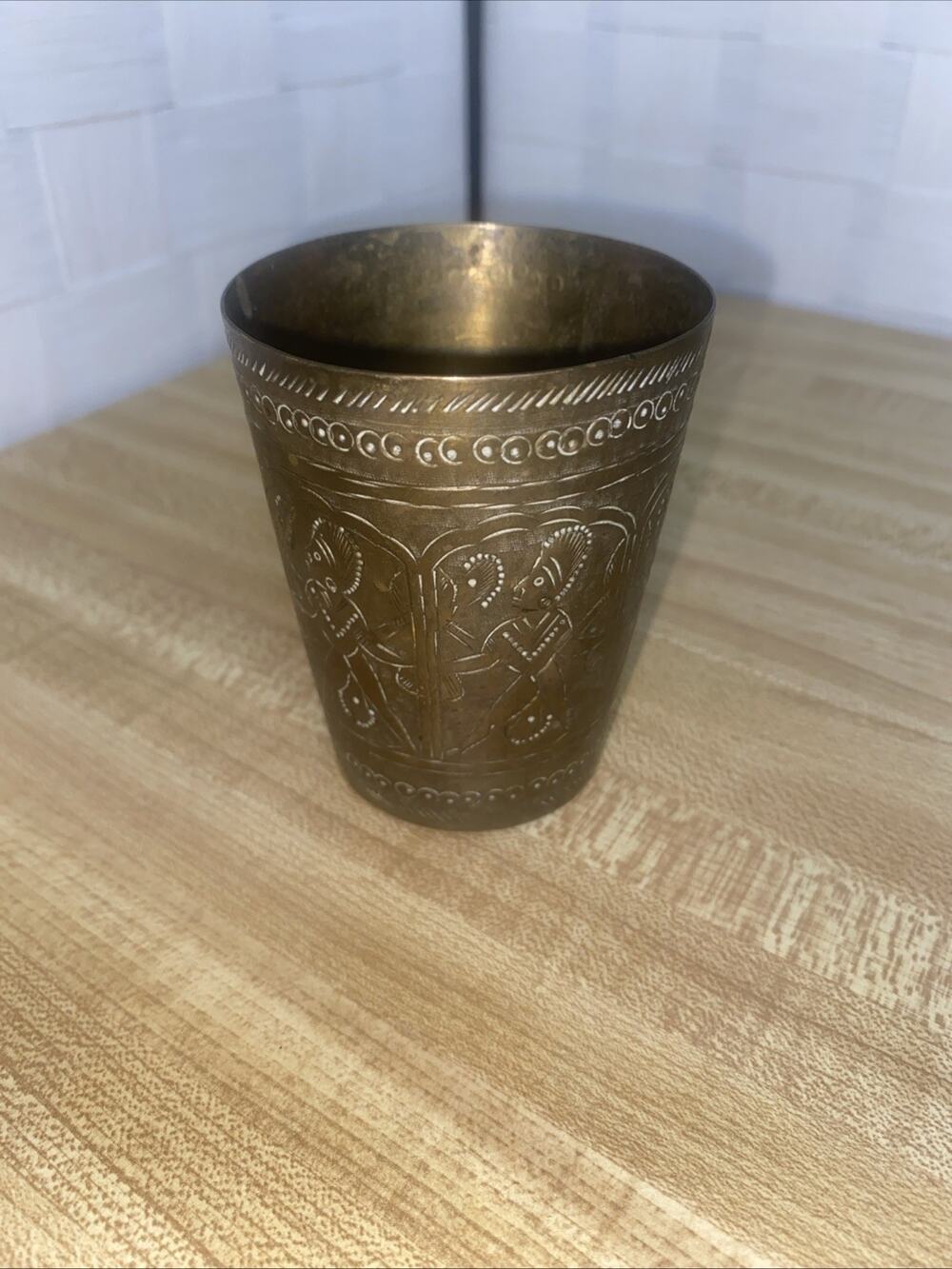 India Hand Made Brass Lassi Drinking Cup / Beaker 3” X 2-3/8” Engraved
